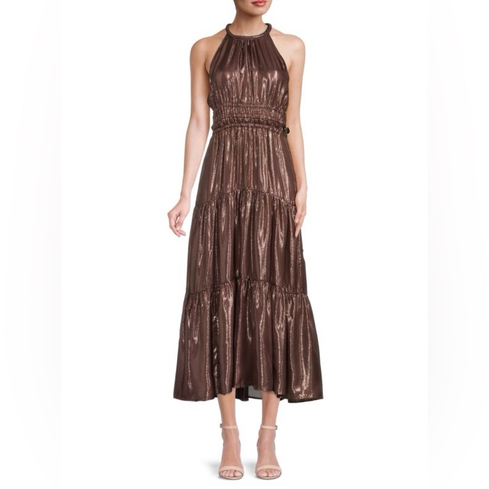 A.L.C. Women's Silk Elara Metallic Brown Gold Halter Dress Party Cocktail Sz  12